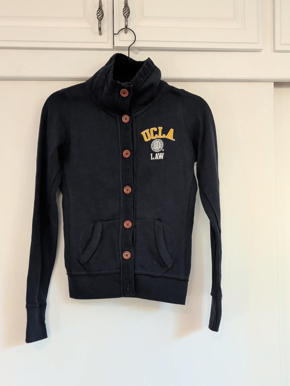 UCLA Law Navy Button Up Funnel Neck Cardigan